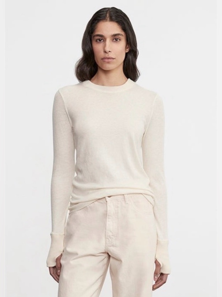 Enza Costa Cashmere Easy Cuffe Crew Top Womens Small Natural Cream